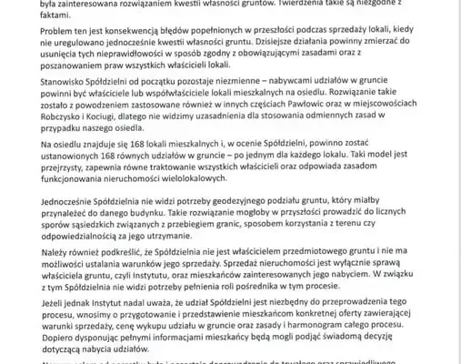Spółdzielnia Mieszkaniowa Pawłowice zabiera głos w sprawie gruntów wokół osiedla