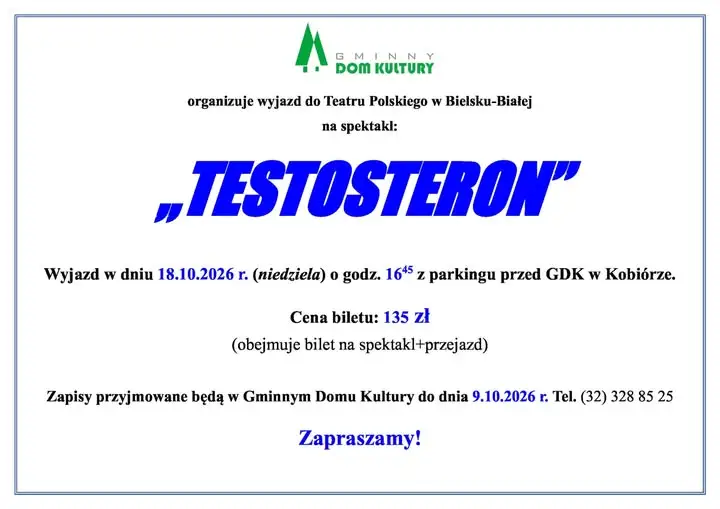 Kobiór: wyjazd do Teatru Polskiego w Bielsku-Białej na komedię „Testosteron”