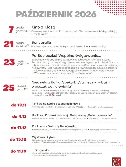 Październik w Gminnym Ośrodku Kultury w Suszcu – sprawdź harmonogram wydarzeń