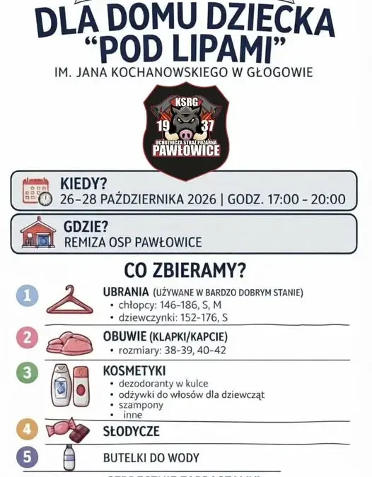 OSP Pawłowice organizuje zbiórkę darów dla Domu Dziecka w Głogowie